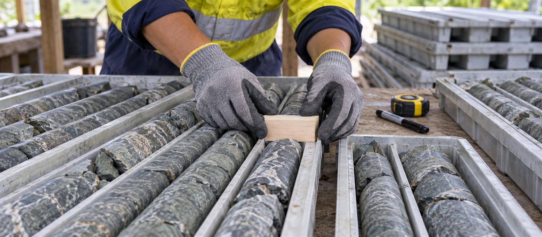 Gloved hands setting a depth block into a tray of drill core at a logging bench
