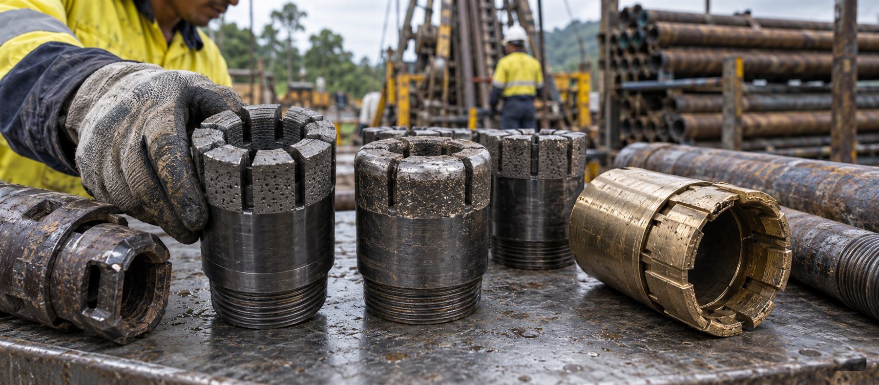 Impregnated diamond core bits and a bronze reaming shell set out on a steel bench at the rig