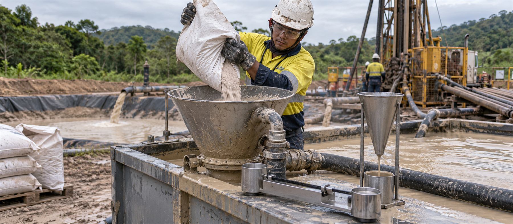 Driller’s offsider feeding product into a jet hopper on a mud tank, with a Marsh funnel and mud balance alongside