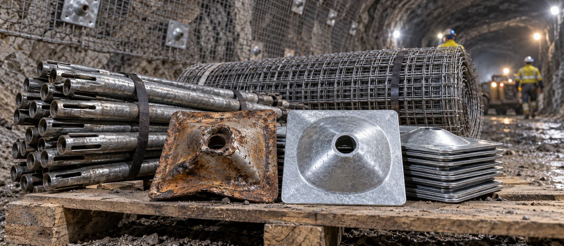 A corroded rock bolt plate beside a new galvanised one, with friction bolts and a mesh roll on a pallet underground