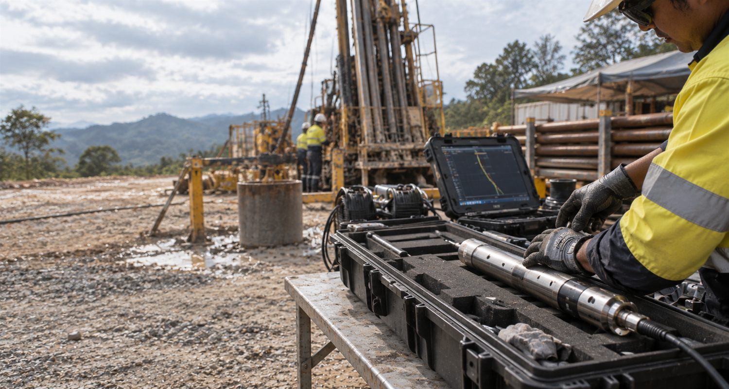 Downhole gyro survey probe in its case beside a readout showing a survey trace