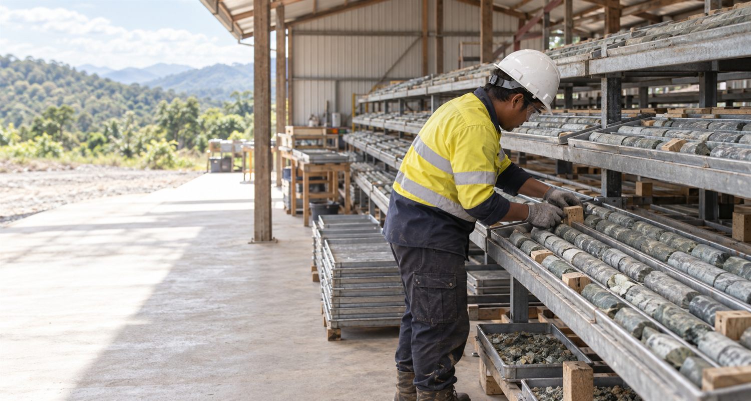 Geologist marking drill core in trays racked at a core logging shed