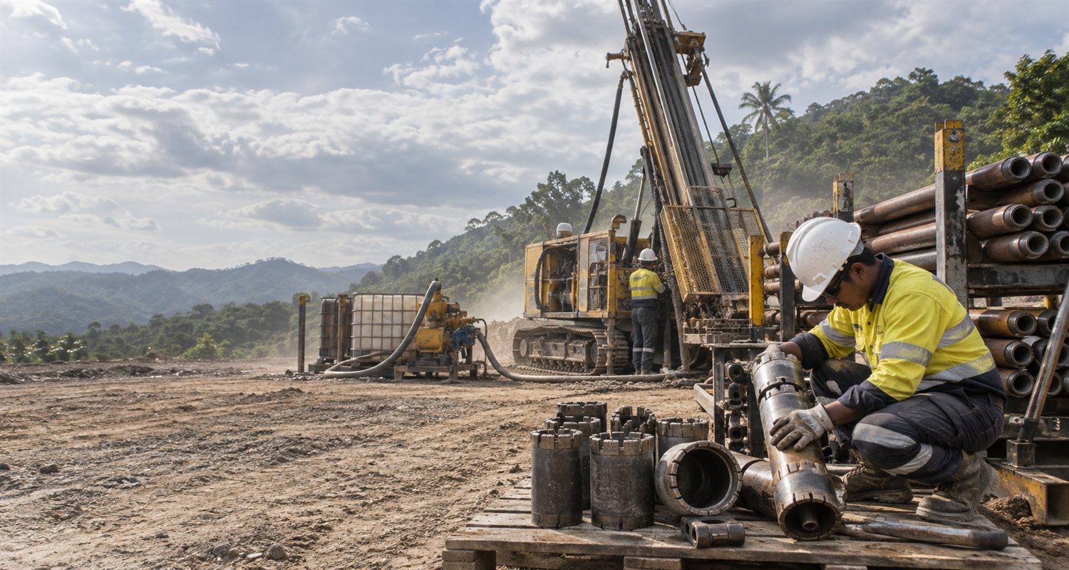 Driller checking core barrels and diamond bits beside a rod rack at a drill pad